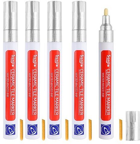 5PCS Tiles Grout Pen, Grout Pen Silver for Tiles, Waterproof Grouting Pens, Floor Grout Restorer with Replacement Nib Tip, for Restoring Tile Gap Floor Kitchen Bedroom Bathroom Balcony Wall (Silvery)