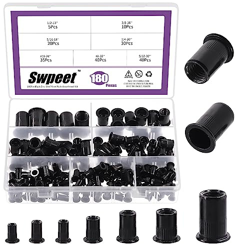 Swpeet 180Pcs 7 Sizes Rivet Nuts Kit, UNC 5/32-32#8-32 #10-24 1/4-20 5/16-18 3/8-16 1/2-13 Rivet Nut, Black Zinc Plated Carbon Steel Rivet Nut Inserts Kit, Flat Head Threaded Insert Nut Assort