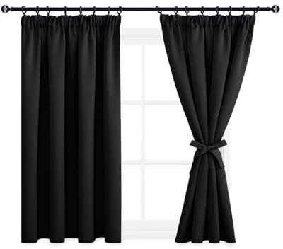 DWCN Schlafzimmer Gardinen Für Schienensystem, Verdunklungsvorhänge mit Vorhang-Krawatten, Kräuselband Gardinen Kurz Vorhänge Dunkel Vorhänge Küche, Grau Weiß, 137x167cm(HöhexBreite), Schwarz, 2er Set