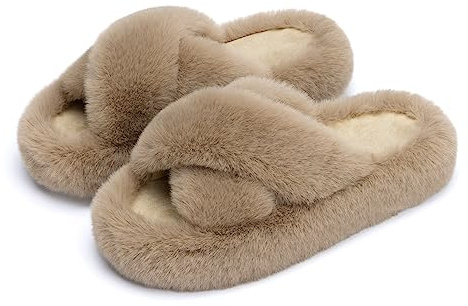 Chantomoo Women's Cross Slippers Memory Foam House Bedroom Slippers for Women Fuzzy Plush Comfy Faux Fur Lined Slide Shoes Anti-Skid Sole Trendy Gift Slippers Light BrownSize7 8 6.5