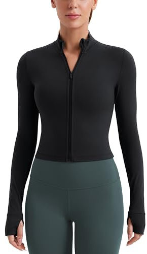 CRZ YOGA Damen Butterluxe Voller Reißverschluss Cropped Jacke Sport Pullover Slim Fit Gym Running Jacken mit Daumenloch Schwarz 40