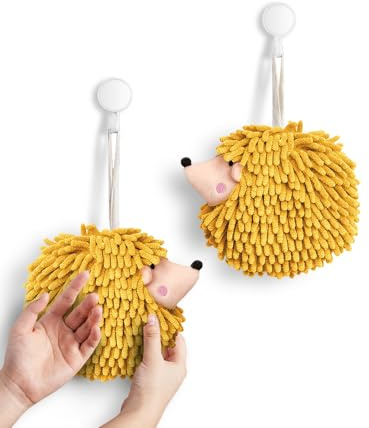 Sophie & Panda Fuzzy Ball Hand Towels (Set of 2) - Dry Your Hands Instantly and conveniently with This Creative Hand Towel Hedgehog Decorative Towels for Bathroom (Pack of 2, Yellow)