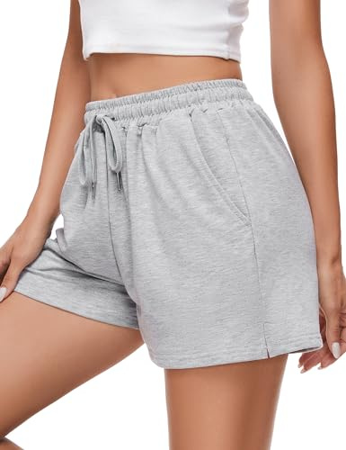Jezonga Short de Sport Femme Bas de Survêtement Couleur Unie Short de Course à Pied Short Décontracté Femme Pantalon de Jogging Taille Haute avec Poches pour Yoga Fitness Running Gris M