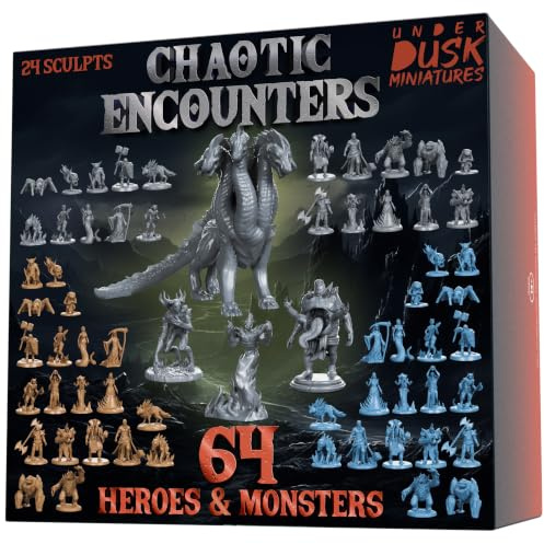 DND Miniatures Bulk Set, 64 Unpainted D&D Minis 28mm with 4 Boss Monsters