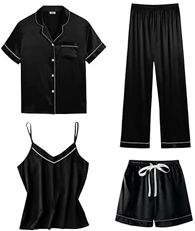 Saten Pijama Mujer Verano Women Secret Pijamas de satén para mujer, pijamas de 4 piezas, conjunto de ropa de dormir y pantalones de manga corta, conjuntos Camison Sexy Mujer Saten Camisones Mujer Seda