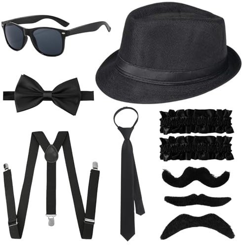 Xerteam 20er Jahre Accessoires Herren, 20er jahre Kostüm Herren mit Klassischer Zubehör Hut Fliege Krawatte Hosenträger Sonnenbrille Bärte Armband Strumpfband, Mafia Kostüm für Karneval Halloween