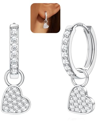 FIOROYAL Pendientes Mujer Plata de Ley 925 para Mujeres y Niñas Colgante Corazón Aros Huggie Hipoalergénicos Corazón Colgante Extraíble Pendientes CZ