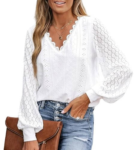 Chemisiers et Blouses Femme,Chemisier Chic et Élégant Blanc,Tshirt Manche Longue Dentelle,Tunique Plage,Vêtements Cérémonie de Mariage,Tenue De Ceremonie Soirée,Blouse Femme Ete(Blanc,XL)