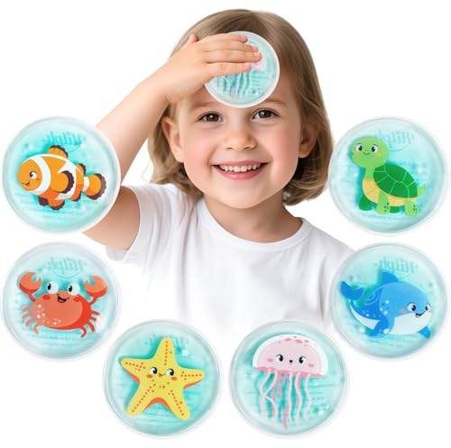 Hilph Lot de 6 compresses rafraîchissantes pour enfants - Doux et flexible - Avec 6 motifs d'animaux marins mignons - Compresse froide/chaude pour les douleurs, les bosses et les taches bleues - Non
