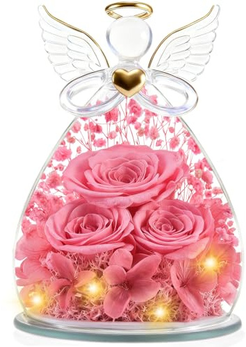 YiHuaHua Regalos Navidad de Angel para Mamá Ella, Rosa Eterna en Cúpula de Cristal de Angel Flores Preservadas, Eterna Regalos Navidad Mama Abuela San Valentín Dia De la Madre Aniversario Pareja