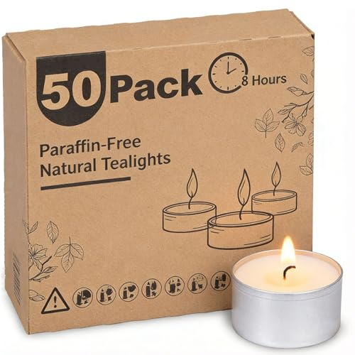 50 Pack 8 Hour Vegan Wax Tea Light Candles, Unscented Tea Lights Long Burning with Cotton Wicks for Weddings, Parties, Restaurants, Spa