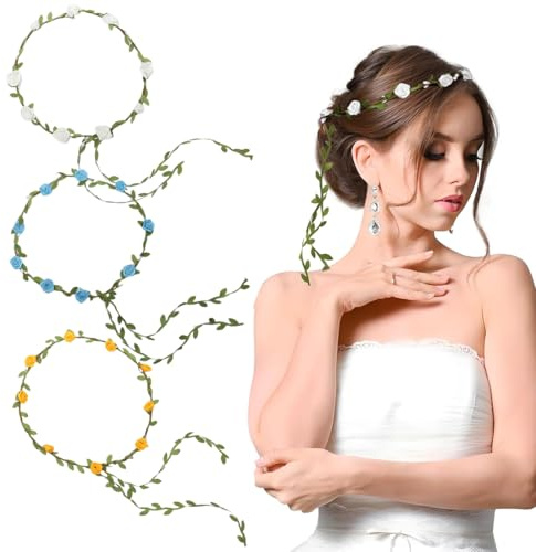 3 Piezas Flores de Corona Diadema, Diadema Floral de Guirnalda, Guirnalda Diadema Flores, Guirnalda Floral para Niñas Mujer, Festival Bodas Accesorios para Cabello (Amarillo/Azul/Blanco)