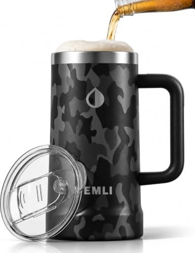 Hemli 24 oz Ceramic Lined Insulated Beer Mug with Lid - Stainless Steel Beer Stein - Triple-Wall Vacuum Insulated, Keeps Beer Ice Cold - Large Capacity, Leakproof Tritan Lid, Silicone Bottom