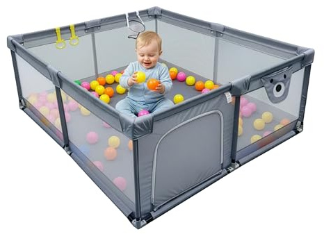 Relaxdays Parque Infantil Seguro de Juego, 180x200 cm, para bebés, Incluye 50 Pelotas y 2 Anillos, Tejido Oxford