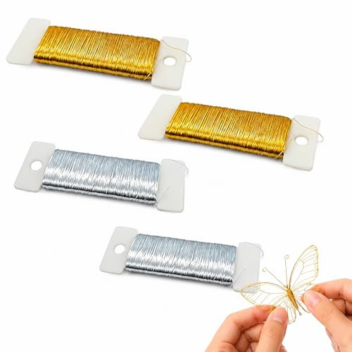 4 Rotoli di Filo Metallico per Bigiotteria, gioielli fai 50m filo sottile dorato 0,3 mm x 200 m fiori argento per artigianato decorazioni floreali e creazioni creative Progetti DIY Giardinaggio