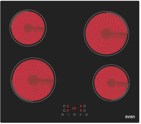 Svan Placa Vitrocerámica Cristal negro, SV4602. 4 Zonas de Cocción, 6000 W, 9 Niveles de Cocción, Control Táctil, Autodesconexión, Bloqueo de Panel, Temporizador