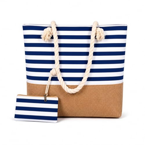 AlfaHome - Bolso playa mujer XL con cremallera y neceser (50x35x15 cm, 22L) | Bolsa playa impermeable. Bolso verano mujer resistente y elegante para playa, piscina o uso diario