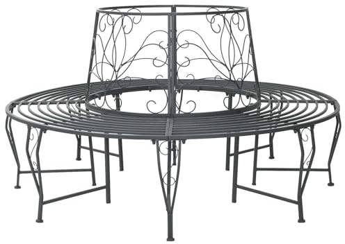 Holekex Trädbänk, rund, stål, silver, grå, matt, Ø 160 x 89 cm med ryggstöd, blomdesign, 8-sits, väderbeständig, trädgård, sittbänk för terrass, balkong, utomhus, park, veranda