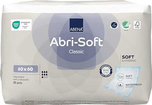 ABENA Abri-Soft Classic Disposable Incontinence Bed Pads, Eco-Labelled Incontinence Underpads, Leak Protection, Soft & Secure Bed Protectors For Incontinence - 60x60cm, 1300ml Absorbency, 25PK
