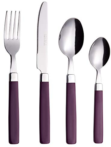EXZACT Cutlery Set 16pcs Stainless Steel - Coloured Handles - 4 x Forks, 4 x Knives, 4 x Table Spoons, 4 x Tea Spoons (Purple, 16pcs)
