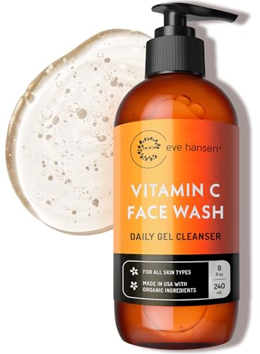 Vitamin C Cleanser Face Wash - HUGE 8 oz Gentle Facial Cleansing Gel for Uneven Skin Tone, Age Spots and Fine Lines - Natural Face Soap with Aloe Vera, Green Tea, Ginseng