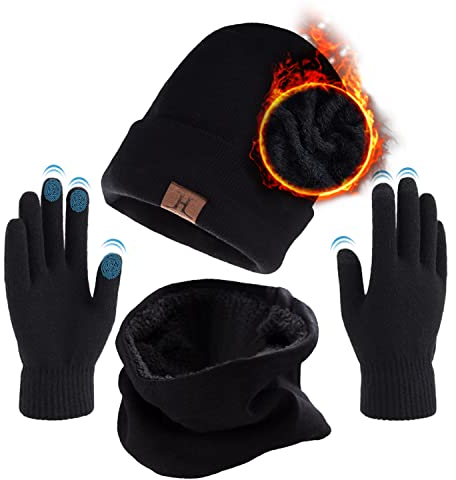 TMEOG 3 in 1 Hat Scarf Gloves Set Men Women Cold Weather Sets Fleece Lined Beanie Neck Warmer Touch Screen Gloves, Winter Hat Circle Loop Infinity Scarf(Black)