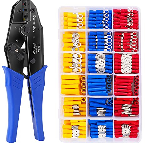 Insulated Wire Terminal Crimping Tool Kit, 0.5-6mm² Ratchet Crimping Plier, Cable Lug Pliers Electrician Crimping Tool Set with 700 Insulated Butt Bullet Spade Ring Crimp Connectors