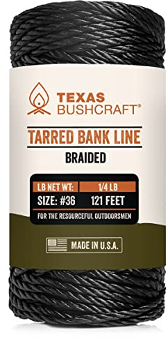 Texas Bushcraft Tarred Bank Line Twine - #36 Black Nylon String for Fishing, Camping and Outdoor Survival – Strong, Weather Resistant Bankline Cordage for Trotline (1/4 lb - #36 (131 ft), Braided)
