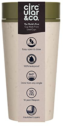 Circular and Co Leakproof Reusable Coffee Cup 12oz/340ml - The World's First Travel Mug Made from Recycled Coffee Cups, 100% Leak-Proof, Sustainable & Insulated (Cream & Honest Green)