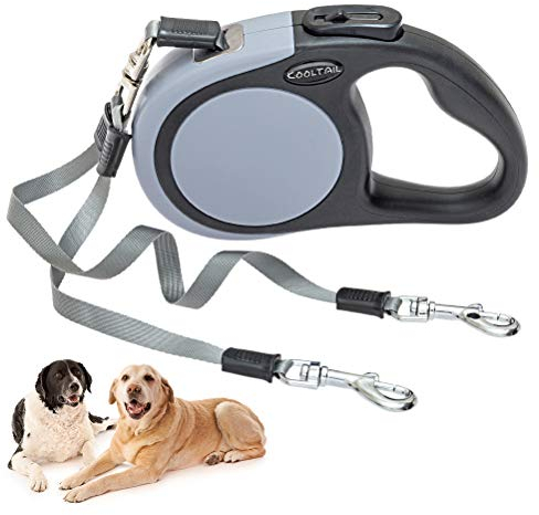 KOOLTAIL Dual einziehbare Hundeleine für Zwei Hunde bis 110 Lbs, Heavy Duty Doppelkopf 16 ft Flexi Ausziehbare 360° Verwicklungsfreie EIN-Knopf-Verriegelung Bremse Hundeleine für kleine mittlere Grau