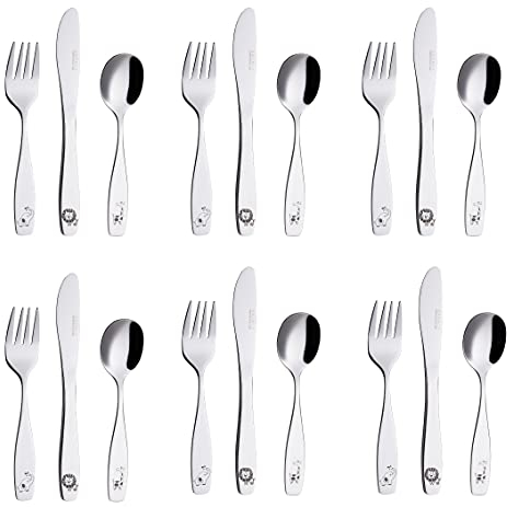 EXZACT Kinderbesteck Set 18 Teiliges Edelstahl 18/10 - ab 2 Jahre - Spülmaschinengeeignet Gravurbesteck - 6 x Gabeln, 6 x Sicherheitsmesser, 6 x Esslöffel (Safari x 18)