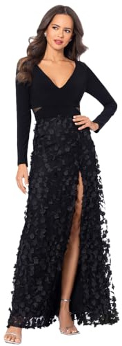 Xscape Women's Long Sleeve V-Neck Floral Skirted Floor Length Gown, Black, 10