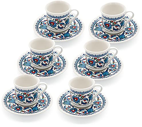 SANTA MARLA Lot de 6 tasses à café turques avec soucoupes et support, en céramique, passent au lave-vaisselle, gardent au chaud, à motifs, pour la maison et le bureau