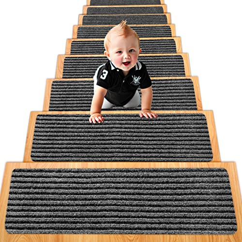 Spurtar Treppenstufen Matten, 20 cm x 76 cm, 15er Set Treppenteppich Selbstklebend Streifen Stufenmatten Innen Stufenteppich für Verschiedene Arten von Treppen Treppen Teppichstufen, Grau