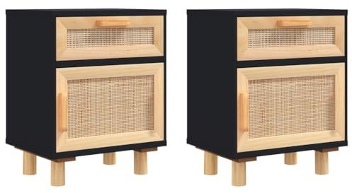 vidaXL 2X Nachttisch 1 Schublade 1 Fach Nachtschrank Nachtkonsole Nachtkommode Schlafzimmer Schrank Kommode Schwarz Massivholz Kiefer Natur-Rattan
