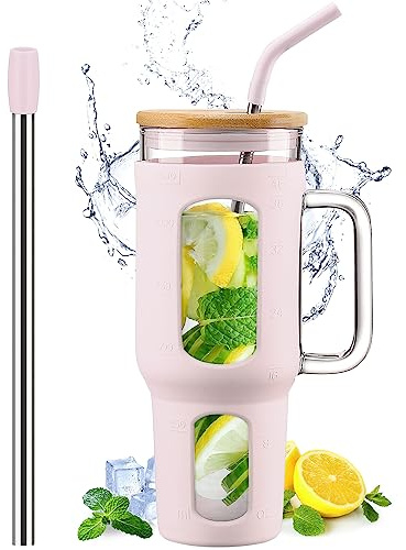 WINSA Glass Tumbler with Lid and Straw, 46 oz Iced Coffee Cup with Handle, Large Water Bottles with Silicone Sleeve, Glass Cup with Straws - Pearl Straw & Drinking Straw BPA Free-CottonPink