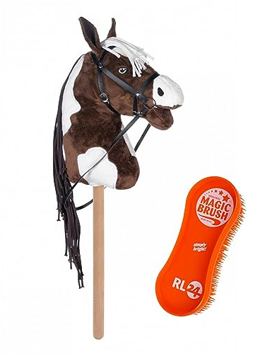 RL24 HKM - Hobby Horse Trixi inkl MagicBrush | Steckenpferd mit Trense | Spielpferd aus Plüsch mit Holzstock & Langer Mähne | Stockpferd ohne Griffe & Rollen | braun/weiß
