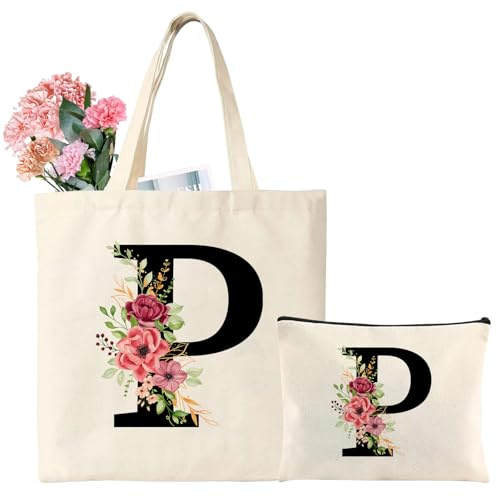 Inicial Bolsa de Lona Personalizada Bolsa Tela con Letras, Tote Bag Mujer con Iniciales, Bolso de Compras Reutilizable, Regalos para Mujer, Amigas, Mamá, Cumpleaños, Día de la Madre, Boda (P)