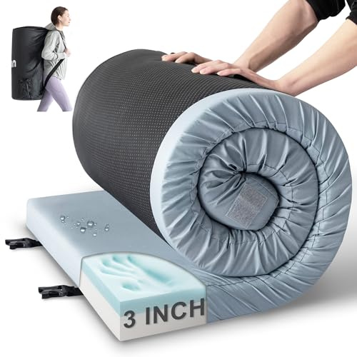 Kingfun 3 Inch CertiPUR-US Memory Foam Camping Mattress Pad, Waterproof Roll up Sleeping Pad, Thick Floor Sleeping Mats for Tent with Removable Travel Bag(Light Blue, Cot)