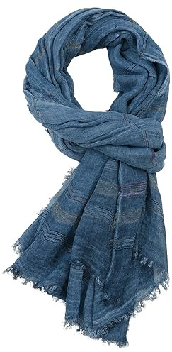 Écharpe Homme Écharpe à Rayée Coton Lin Doux Longue Écharpe Foulard Chèche avec Frangé Chèche Chale Stole pour Automne et Hiver (Bleu marine)