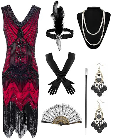 BIQIQI Robe Annees 20 Franges, Great Gatsby Femme Deguisement Avec Accessoire Annee 20, Robe Charleston Gatsby Jupe à Franges Et Sequins (Rouge Noir, XL)
