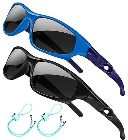 Rocf Rossini Lot de 2 lunettes de soleil polarisées flexibles pour enfants garçons filles cyclisme lunettes de soleil avec sangles UV400 pour enfants de 3 à 10 ans, Lot de 2 sports - Noir + bleu/bleu