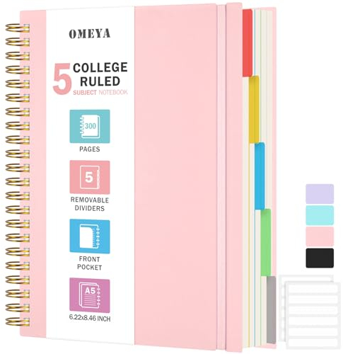 Notizblock, Notizbuch A5 Liniert, Notizbücher Mit 5 Fächern Und Herausnehmbaren Trennblättern, 300 Blatt 100GSM Spiral Notizbuch Softcover Zum Schreiben, Für Arbeit Und Schulbedarf, 15.8 x 21.5cm,Rosa