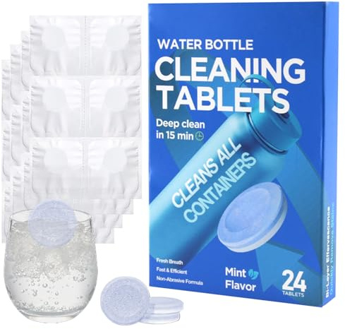 24PCS Bottle Cleaning Tablets, Water Bottle Clean Sterilising Tablets for Stainless Steel, Plastics, Ceramic & Glass Drinking Containers, Coffee Machine Cleaner Steriliser Tablet, Mint Flavor