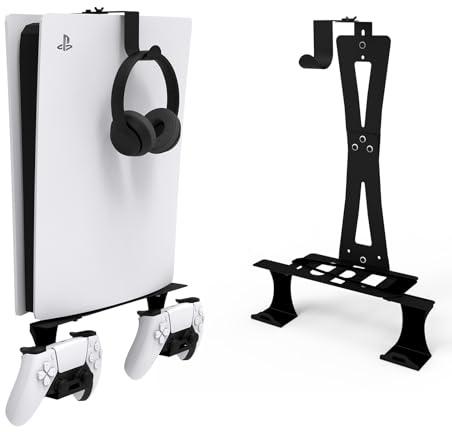 tonhui Soporte de Pared para PS5/PS5 Slim/PS5 Pro Soporte de Pared para Consola PS5/PS5 Slim con Soporte para Controlador y Soporte para Auriculares - Accesorios PS5 de Metal sólido - Negro