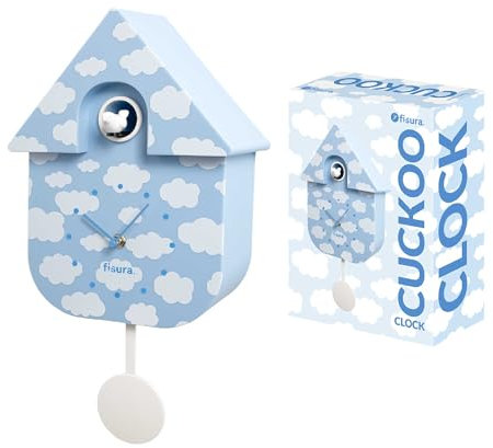 Fisura - Blue cuckoo clock with cloud pattern. Wall clock. Original wall clock for gift. 3 AA batteries not included. Dimensions: 8.5x3.1x16.3 inches. ABS plastic.
