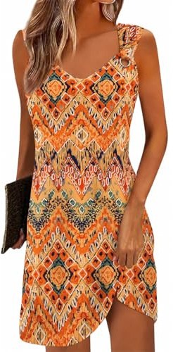 Yeenily Robe Femme Col en V sans Manches Décontractée Plage Robes Chic et Elegant Été Couleur Unie Mini Longue Tunique Robe (Orange Impression, L)
