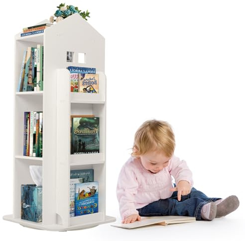 ybaymy 3-Tier Children's Rotating Bookcase, Wooden 360° Rotating Kids Bookshelf, Floor Standing Swivel Bookcase Revolving Corner Book Storage Rack for Playroom Study Room Living Room Bedroom(White)