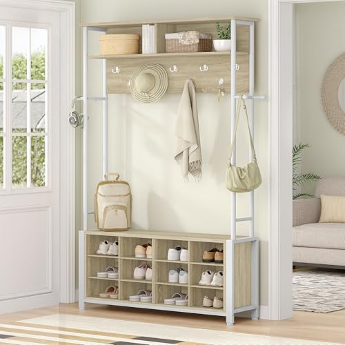 Hzuaneri Garderobenständer mit Schuhbank, Garderobe mit 13 Haken, 14 Offene Fächer, Verstellbare Regalböden, Kleiderständer für Flur, Eingangsbereich, 31 x 110 x 187 cm, Eichefarben-Weiß HT17916W