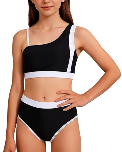 Happy Cherry - Niña Conjunto de Bikini Deportivo Bañador de Natación Niñas Tankini de Dos Piezas Verano Traje de Baño Chica Adolescente para Playa Ropa de Baño con Crop Top Braga - 13-14 Años Negro